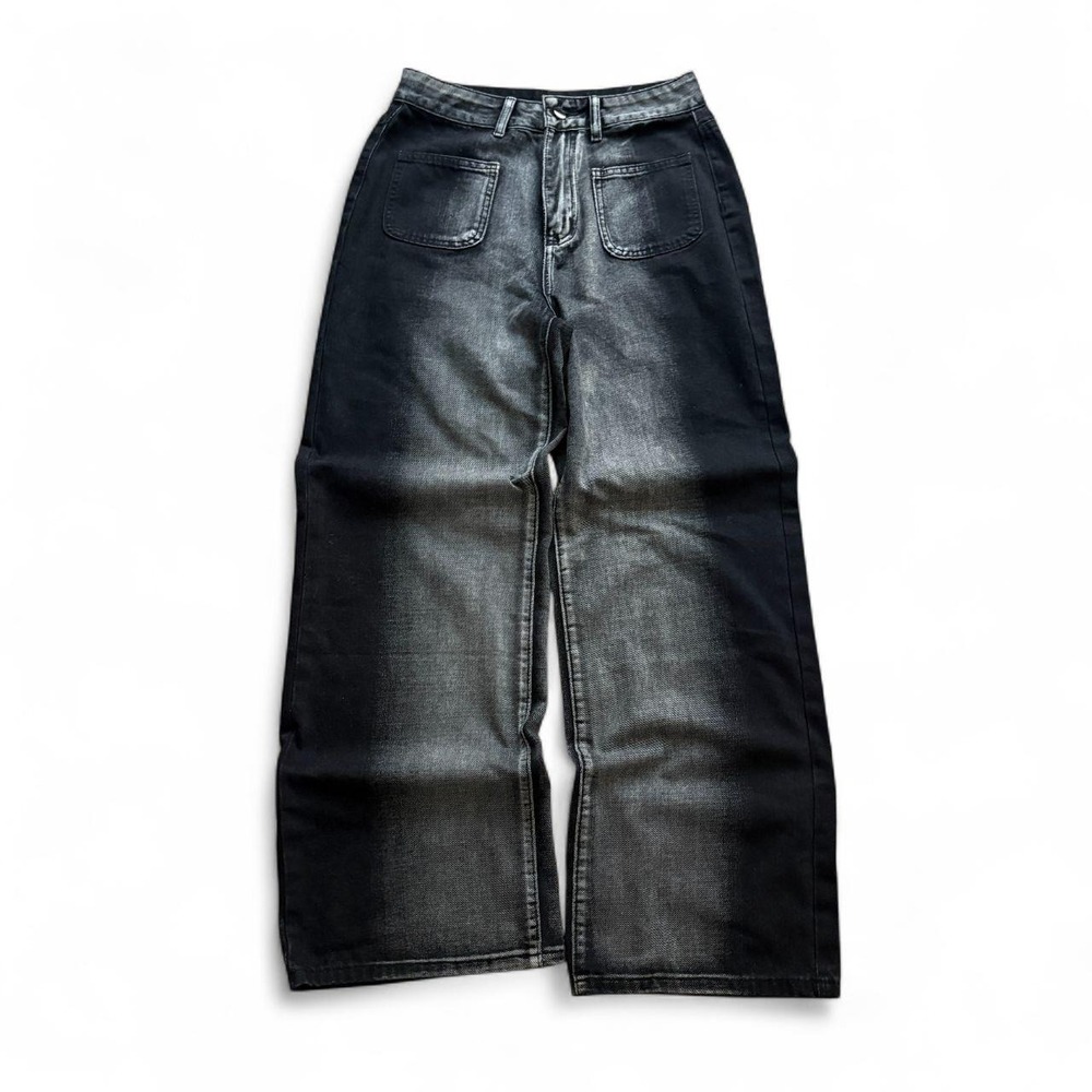 Women Black Washed Wide Leg Jeans High Rise Faded Gray Y2K Streetwear Medium